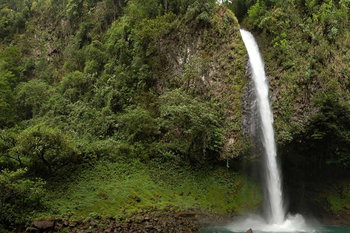 Vattenfallet La Fortuna störtar ner för en bergvägg täckt av regnskog och landar i en grön bassäng omgiven av stenar