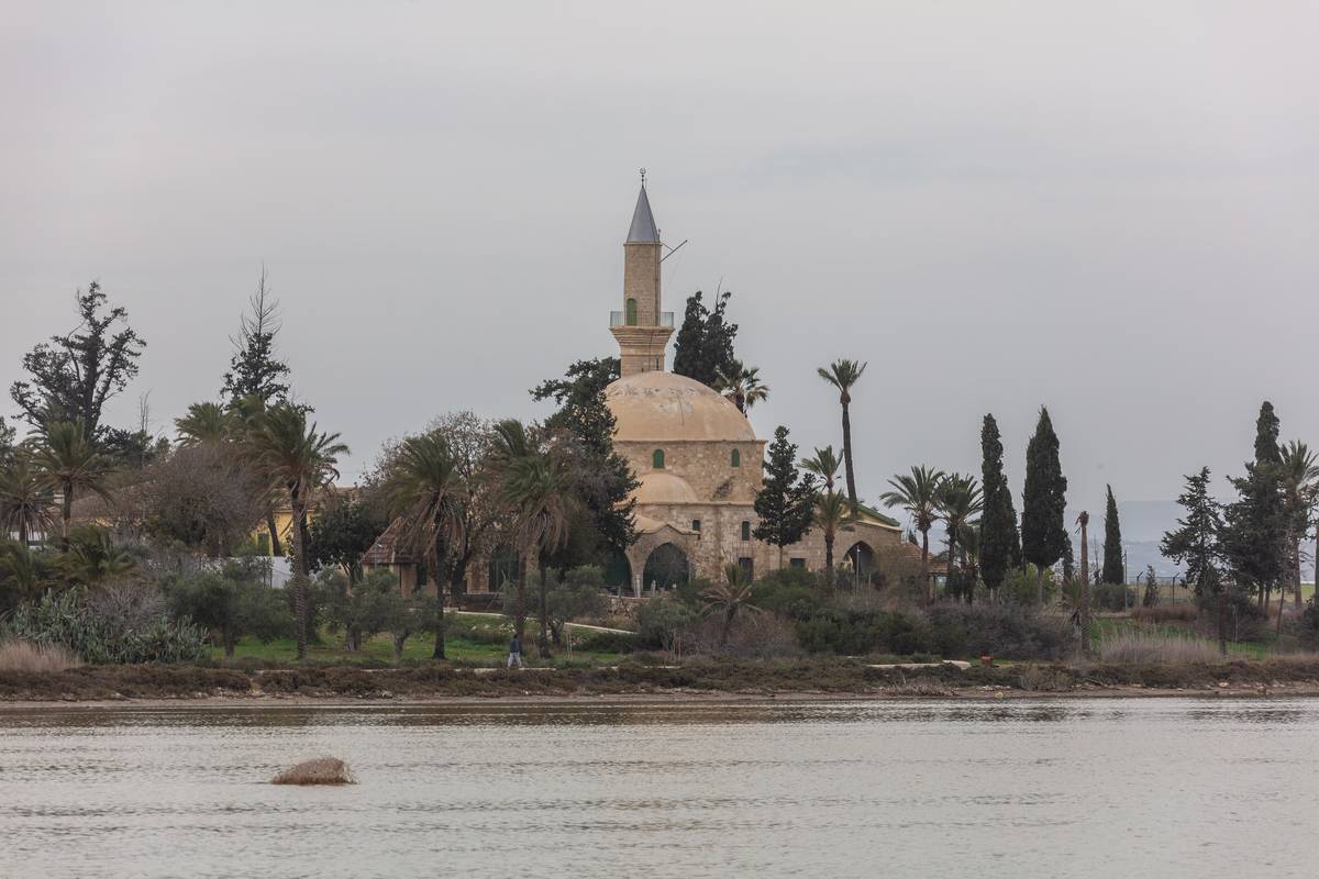 Moskén Hala Sultan Tekke med kupol och smal minaret bland palmer och cypresser, sedd över den vattenfyllda saltsjön i Larnaca en molnig dag