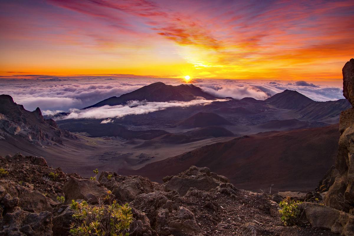 Solen går upp i orange och rosa över ett hav av moln, med Haleakalās kratergolf och askkoner i förgrunden