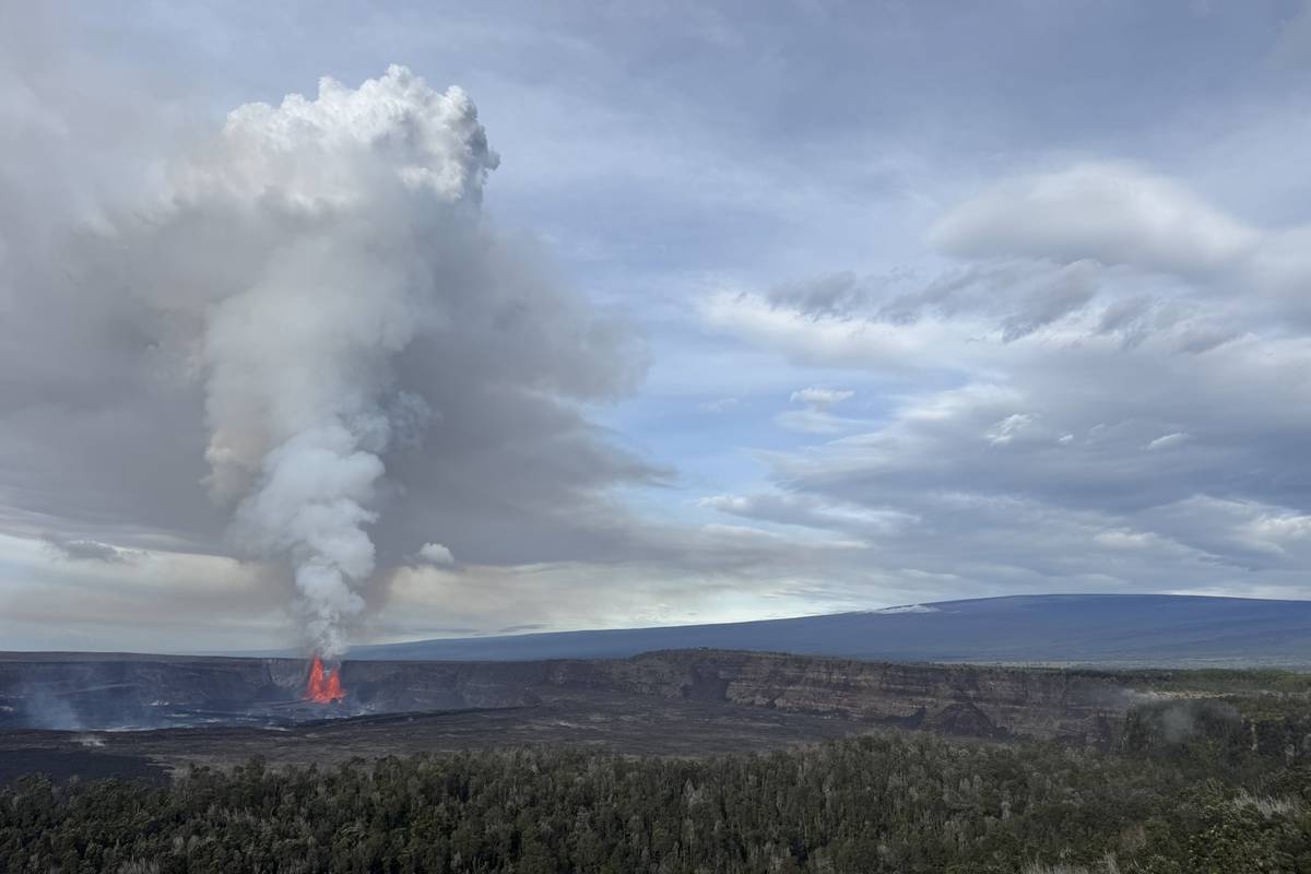 En lavafontän och en hög vit plym av gas och ånga som stiger ur Halemaʻumaʻu-kratern på Kīlauea, med Mauna Loas breda sluttning i bakgrunden