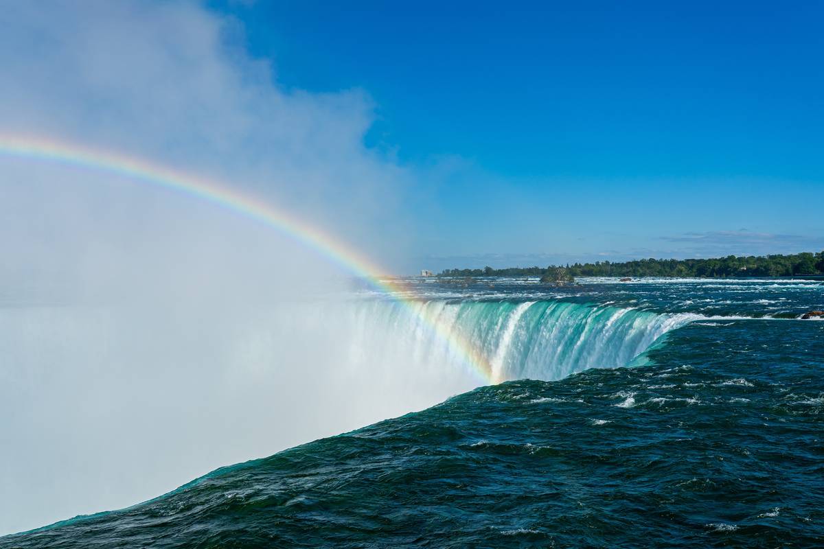 En regnbåge välver sig över vattendimman vid Horseshoe Falls, där det djupgröna vattnet störtar ner under en klarblå himmel