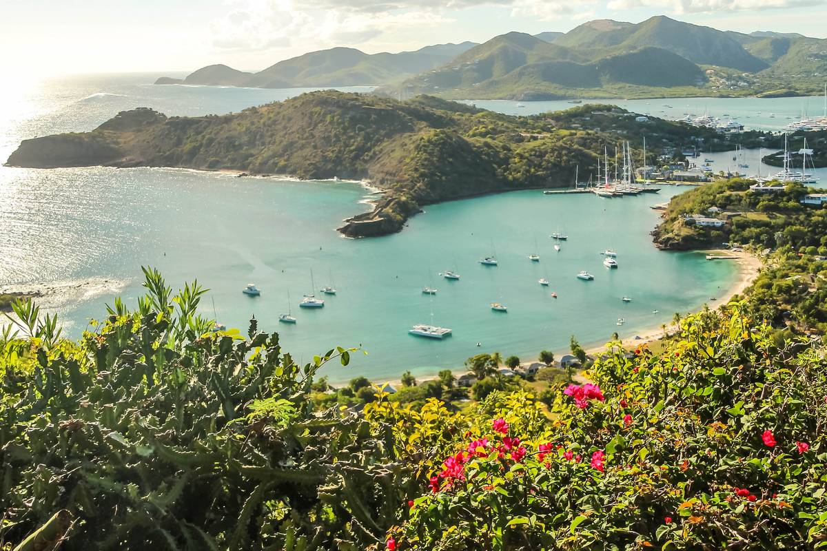 Utsikt från Shirley Heights över English Harbour med segelbåtar i turkosa vikar, gröna kullar och blommande buskar i förgrunden