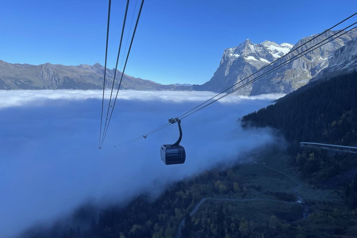En gondol från Eiger Express hänger i linorna ovanför ett vitt dimhav, med skog i förgrunden och snöklädda bergstoppar mot en blå himmel