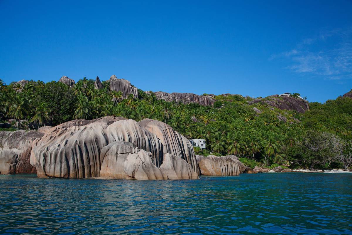 Stora rosagrå granitklippor med djupa räfflor vid vattenbrynet på ön Félicité, med tät palmskog och fler klippor på sluttningen ovanför och klarblå himmel