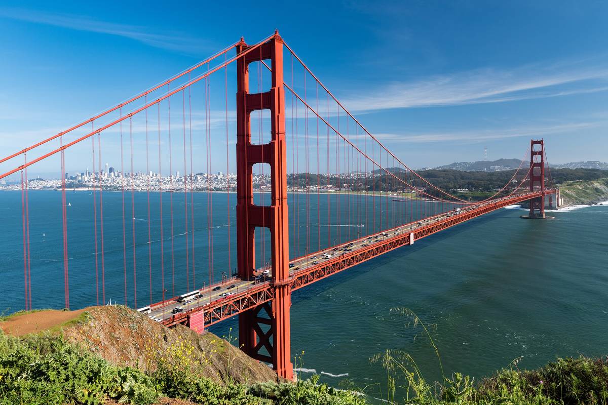 Den röda Golden Gate-bron sträcker sig över det blå sundet mot San Franciscos skyline, sedd från en grön kulle på Marinsidan under en blå himmel