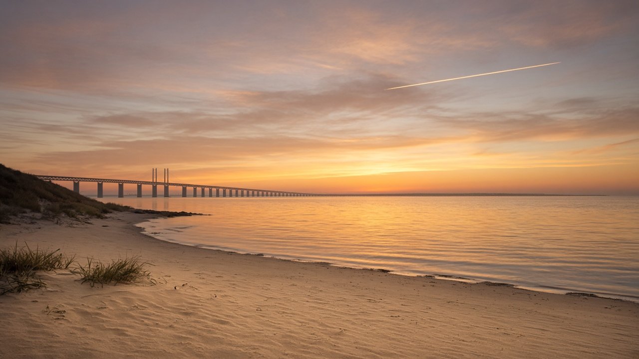 Öresundsbron i varmt aftonljus — starten på smekmånaden från Kastrup