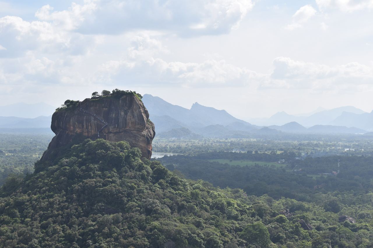 Klippan Sigiriya reser sig ur en grön djungel under en ljus himmel, sedd från toppen av grannklippan Pidurangala